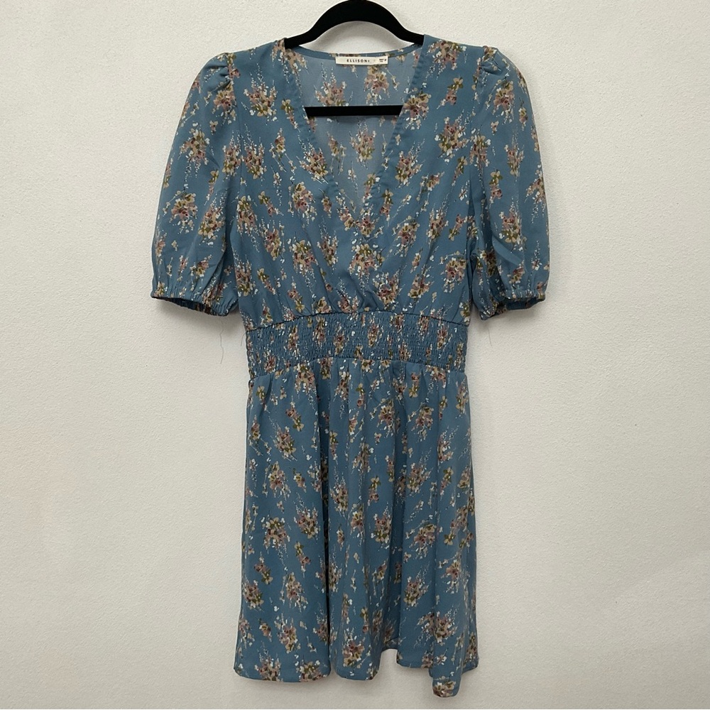 Ellison Blue Puff Sleeve Smocked Waist Dress With Floral Print Size Medium